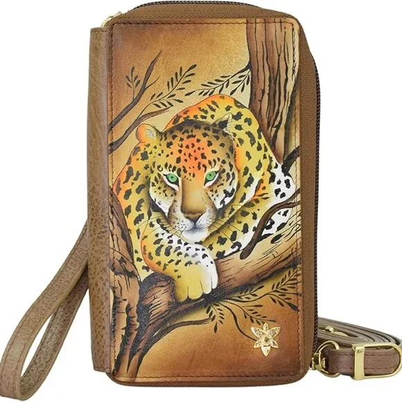 Anuschka Phone Case Wallet Genuine Leather Hand Painted Leopard RFID blocking - Picture 1 of 3
